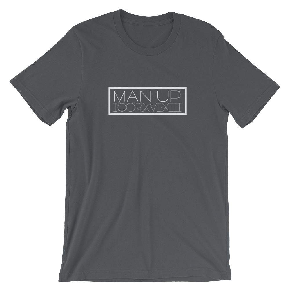 1 Corinthians 16:13 "Man Up" (Roman numerals w/in box) Christian T-Shirt for Men/Unisex